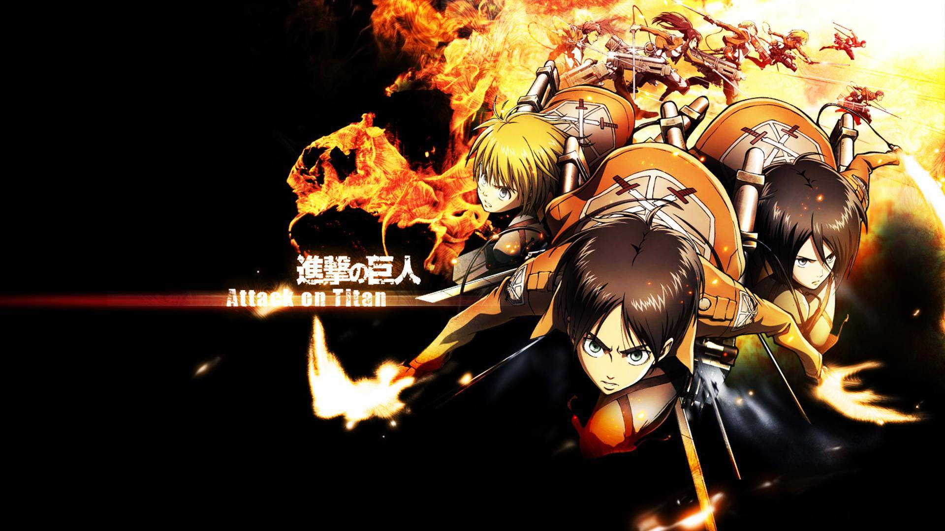 Eren, Mikasa og Armin fra Attack on Titan-anime med flammende ildspor-bakgrunn.