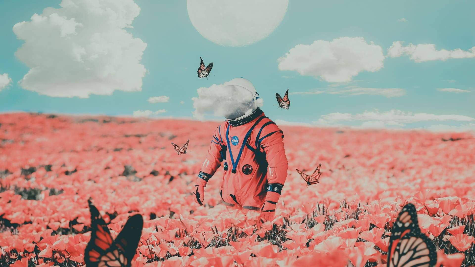 Estetisk astronaut i blomstereng laptop Bakgrunner