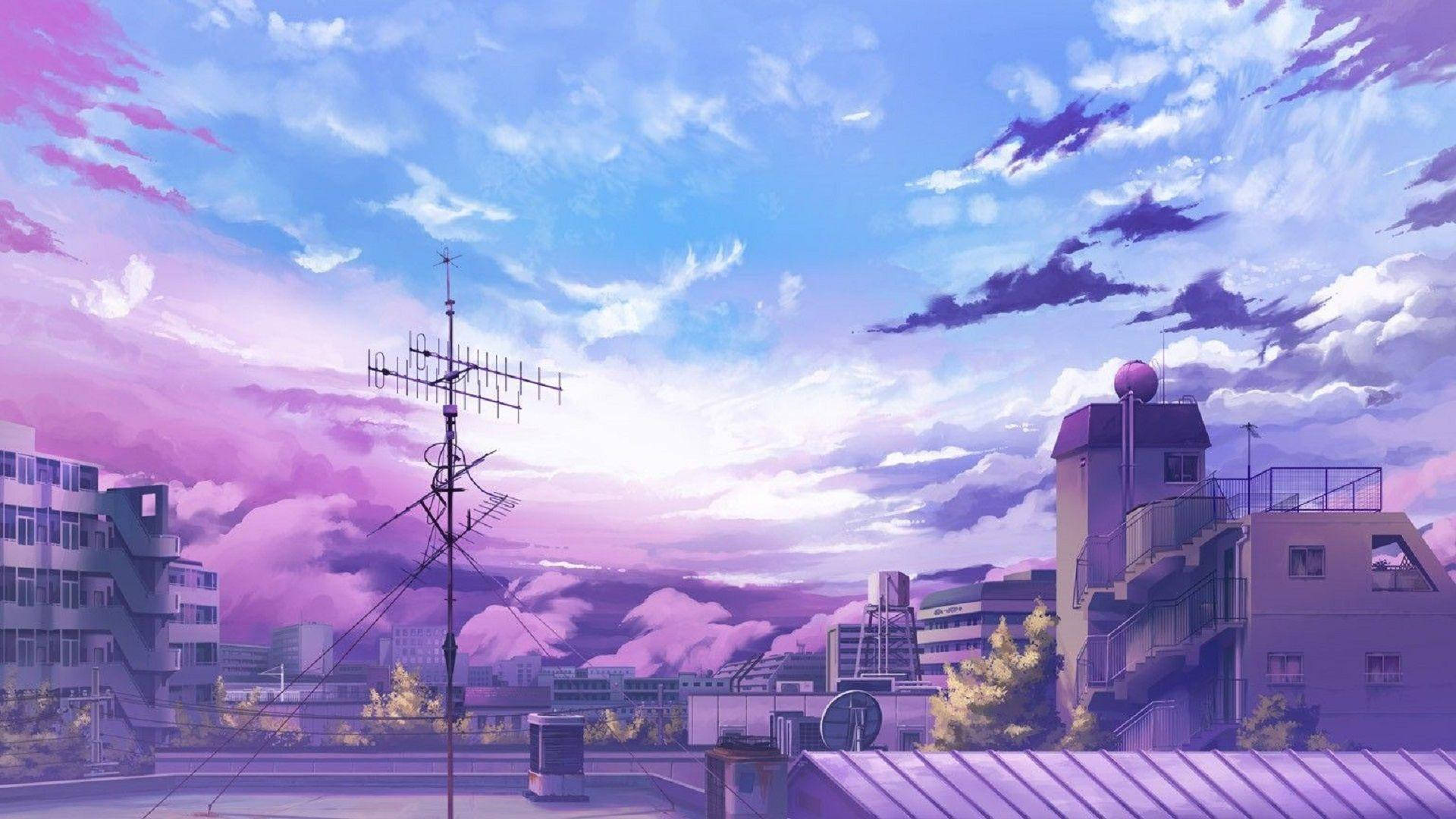 Estetisk by under lilla og blå himmel Bakgrunner
