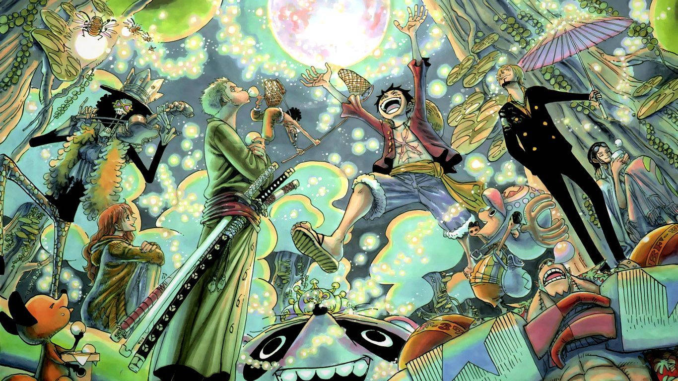 Stråhatt-piratene i estetisk turkisblått One Piece fan art-bakgrunnsbilde.