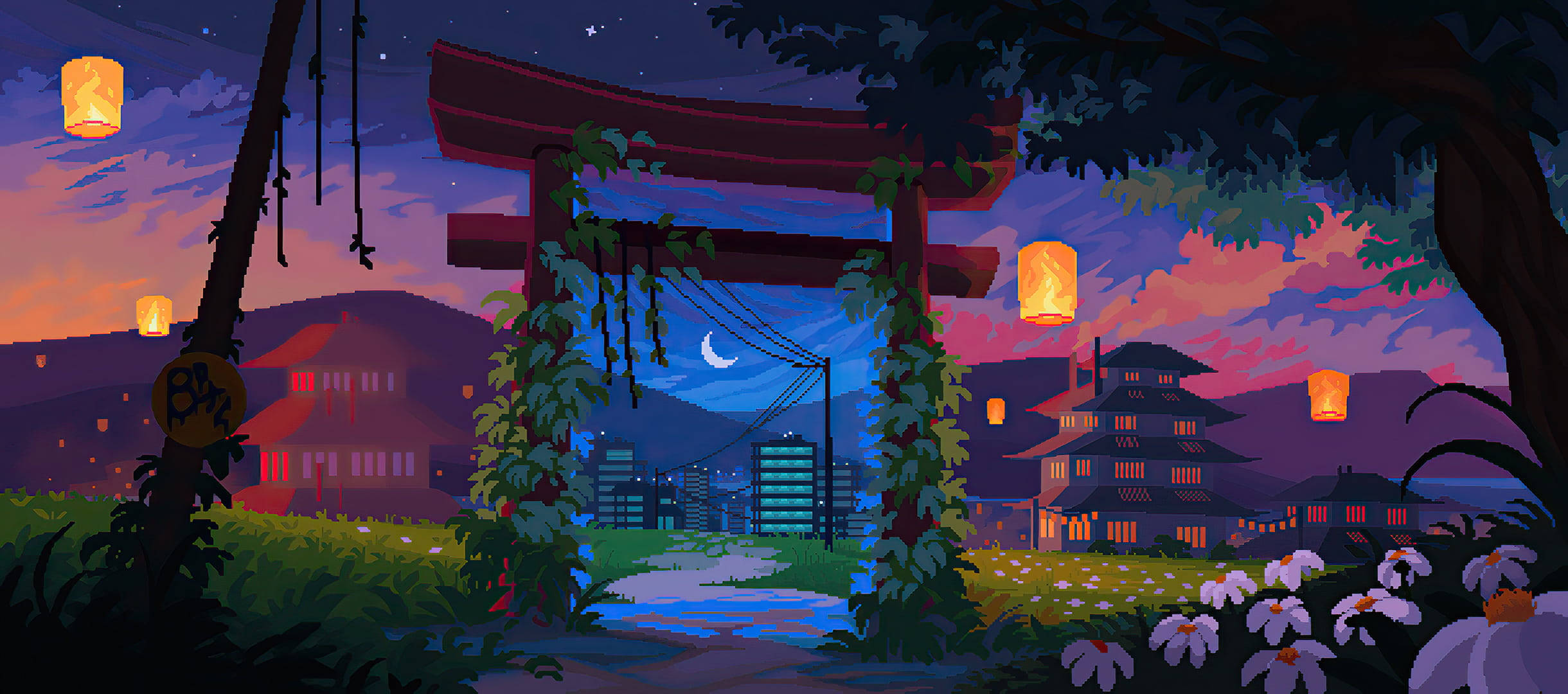 Estetisk pikselkunst av japansk helligdom i by Bakgrunner
