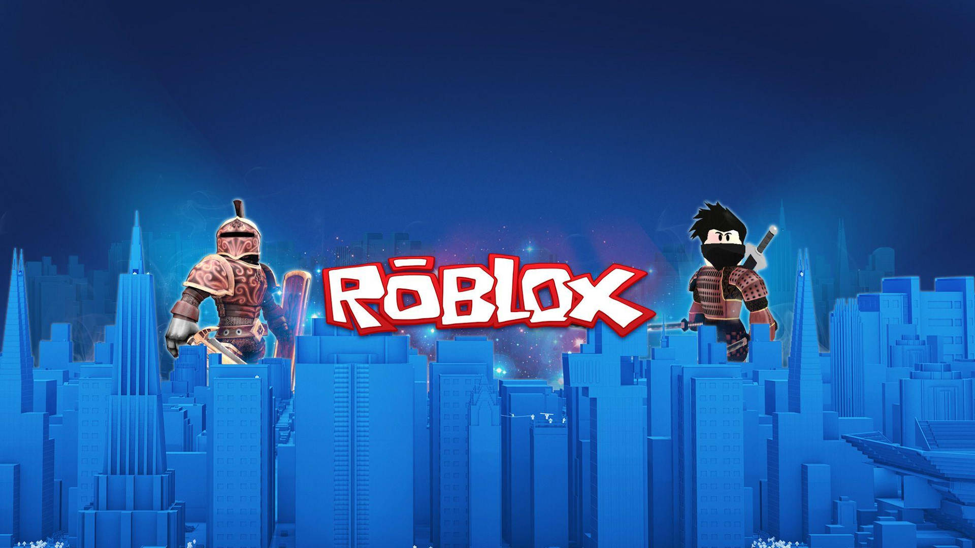 Blått estetisk 3D-bakgrunnsbilde av bydesign i Roblox-spillet.