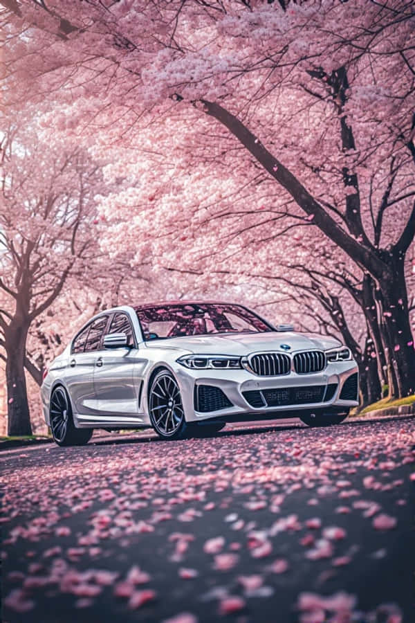 Estetisk vårlig slank hvit BMW under kirsebærblomster Bakgrunner