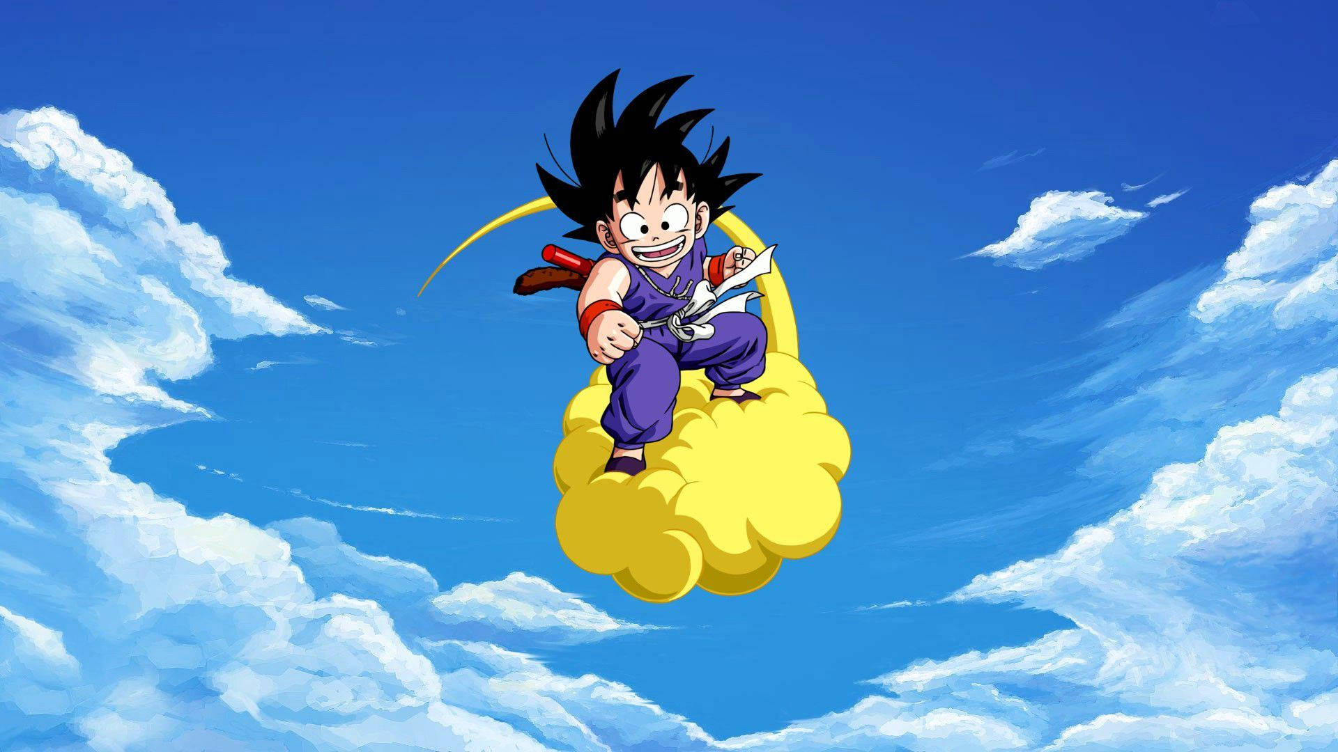 Bakgrunnsbilde av kid Son Goku som rir på sin flygende nimbus.