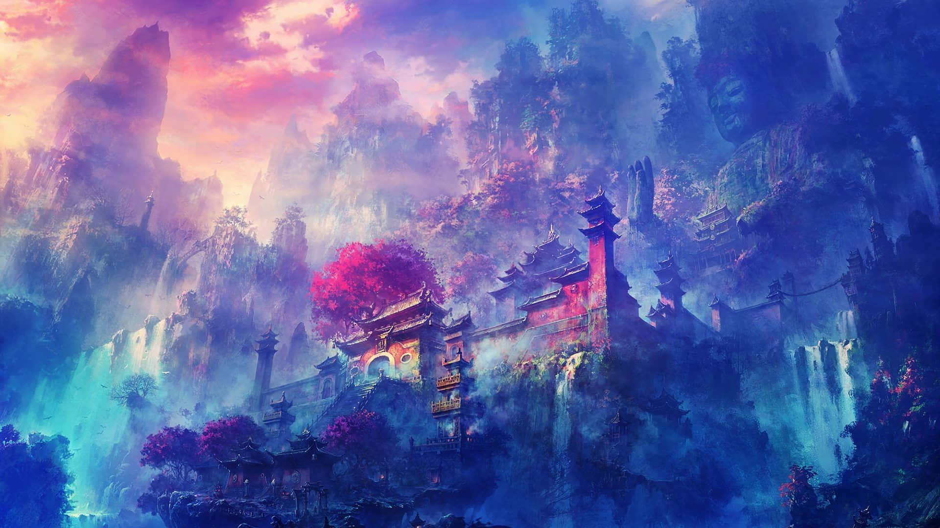 Et fredelig, beroligende anime-landskap omgitt av en vidstrakt himmel. Bakgrunner