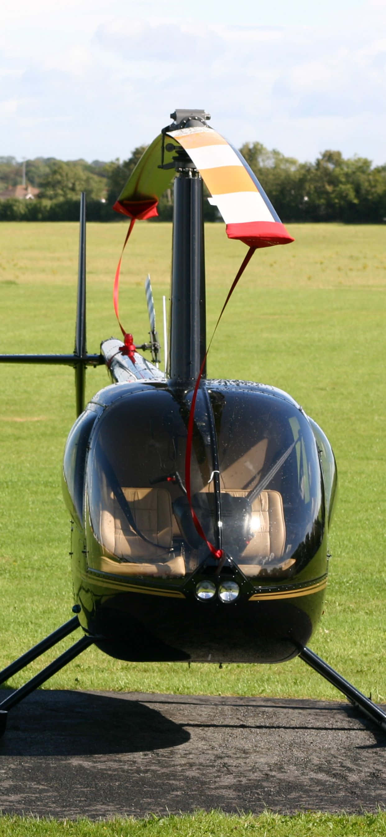 Et fugleperspektiv av en skogseng med et helikopter som svever over den. Bakgrunner