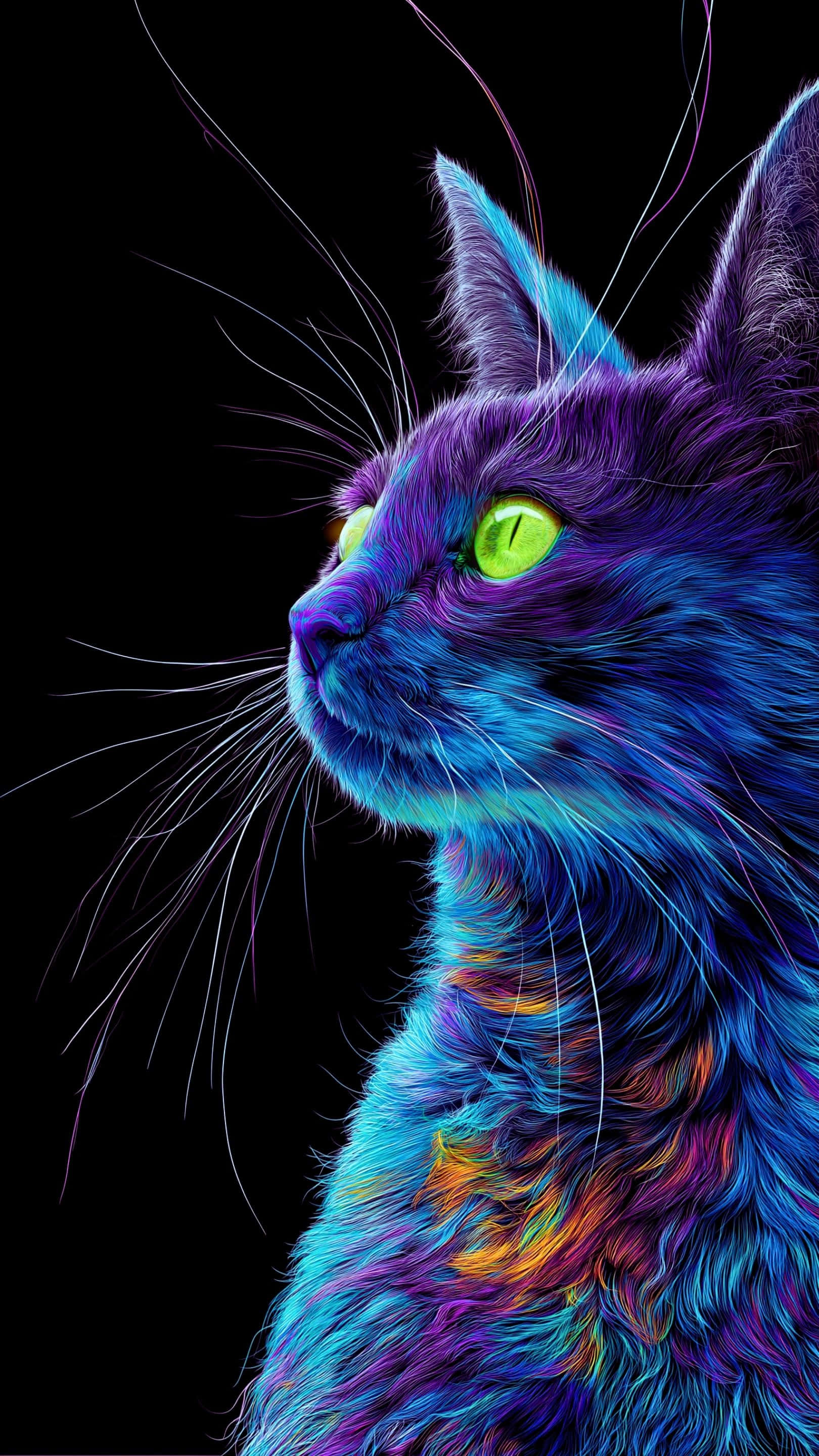 Et levende og kunstnerisk nærbilde av en katt med elektrisk blå og lilla pels, opplyst med glød Bakgrunner
