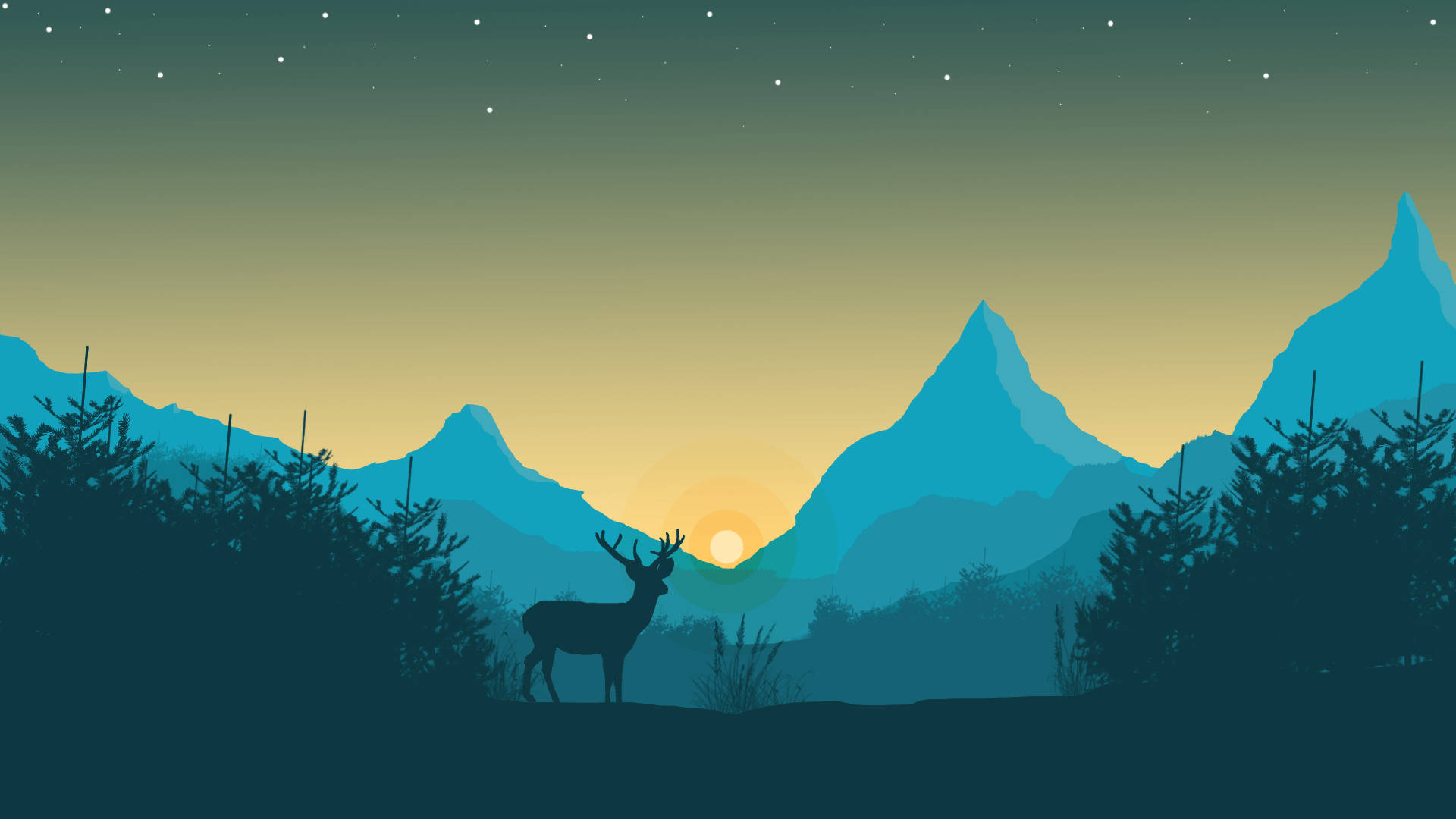 Blått minimalistisk hjort- og fjellbakgrunnsbilde