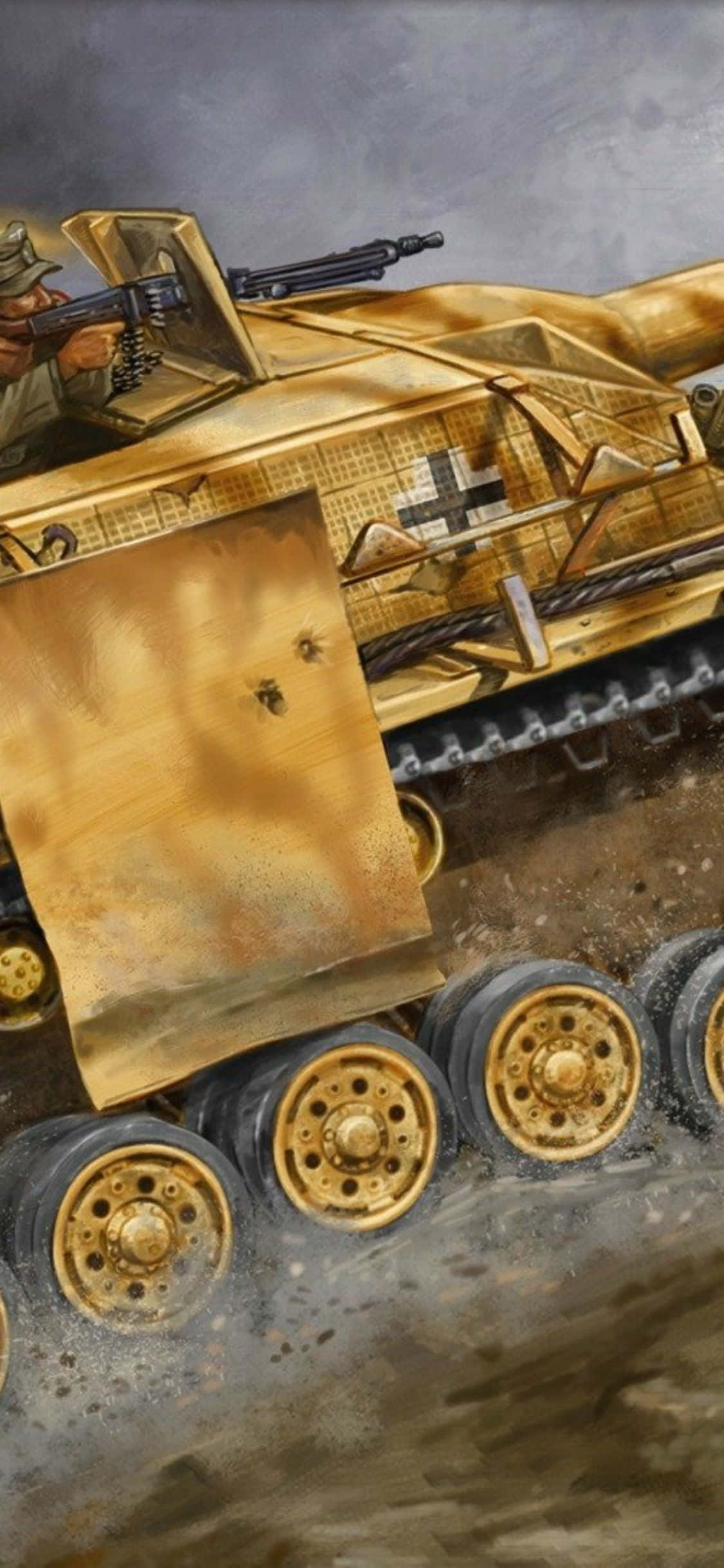 et maleri av en tank med en kanon på Bakgrunner