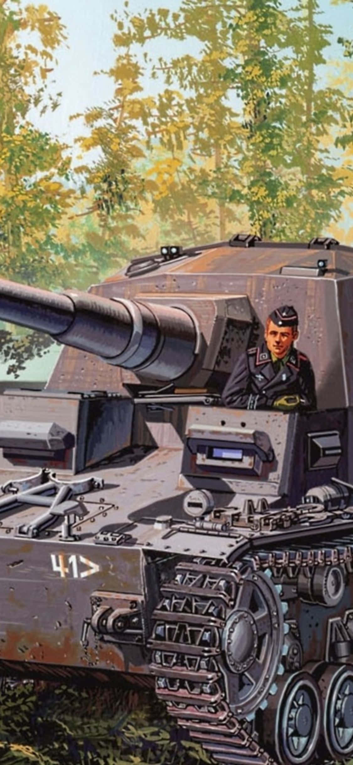 et maleri av en tank i skogen Bakgrunner