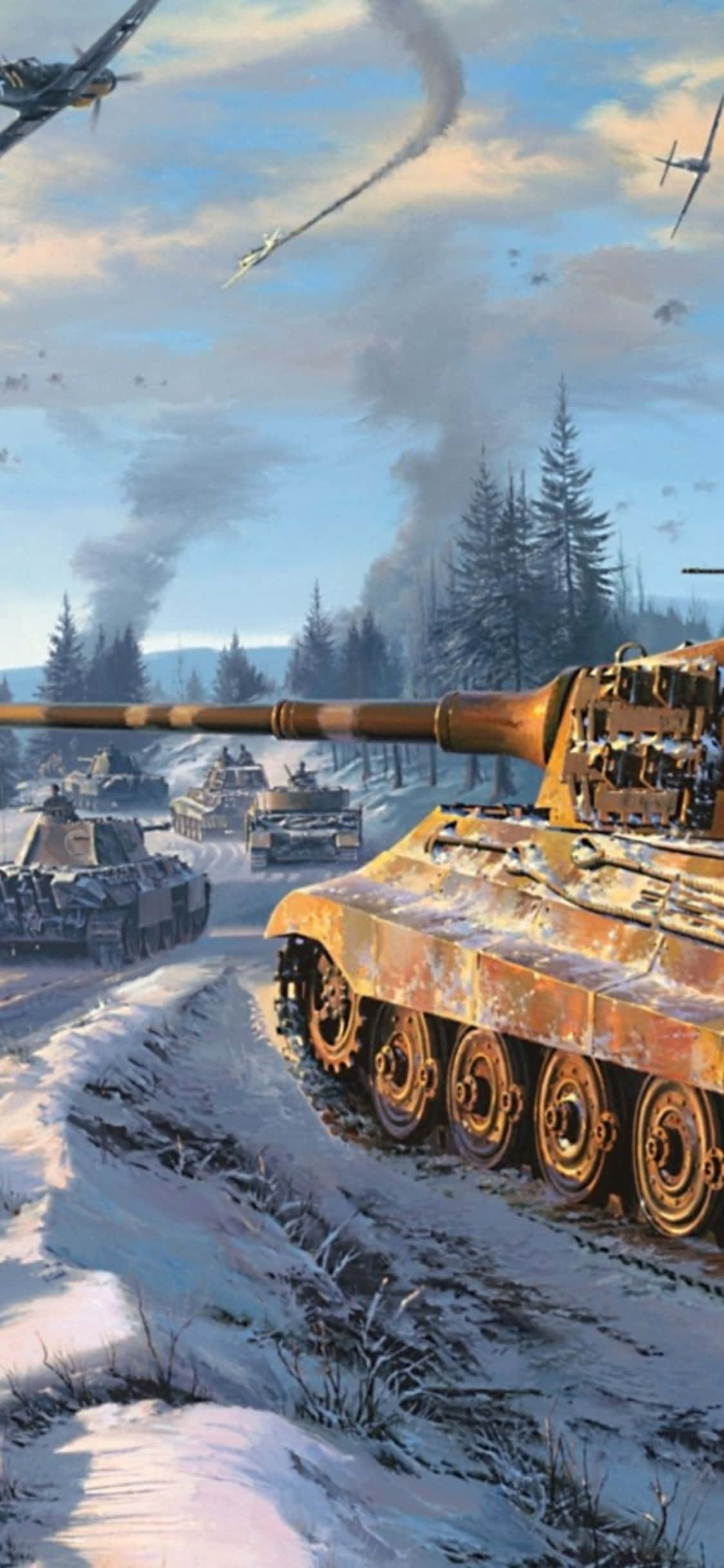 et maleri av en tank i snøen Bakgrunner