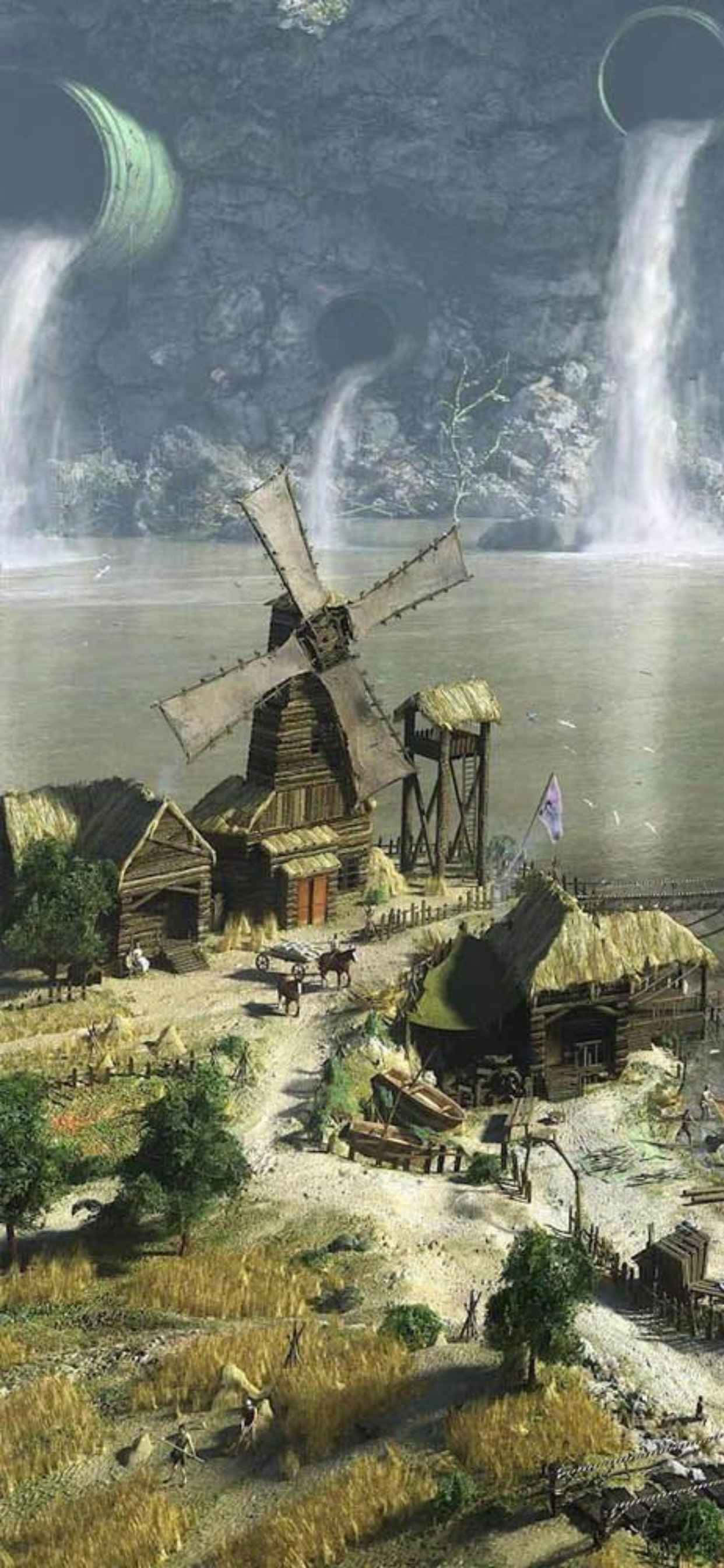 et maleri av en vindmølle og et fossefall Bakgrunner