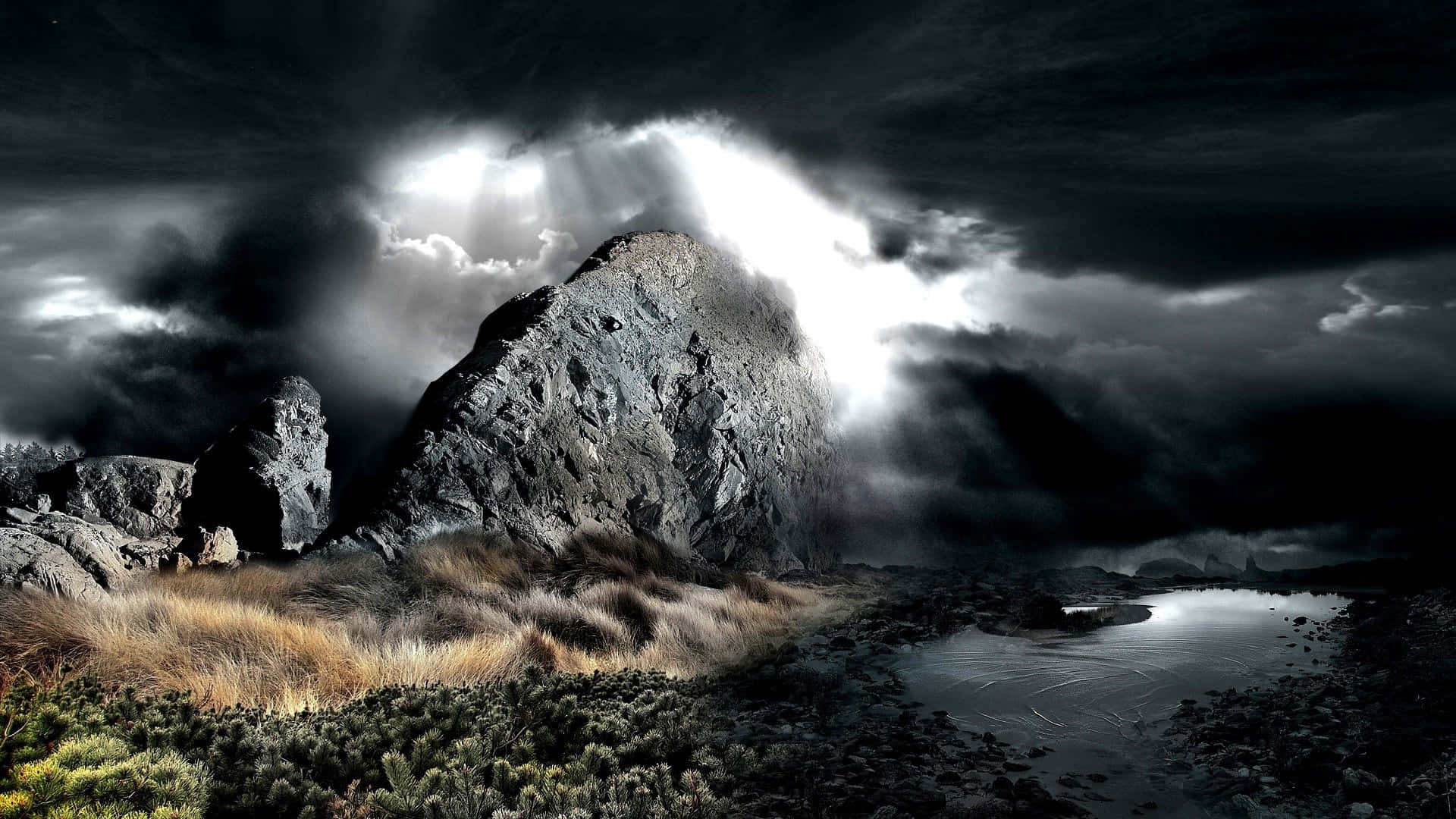 et mørkt landskap med stormfull himmel og steiner Bakgrunner