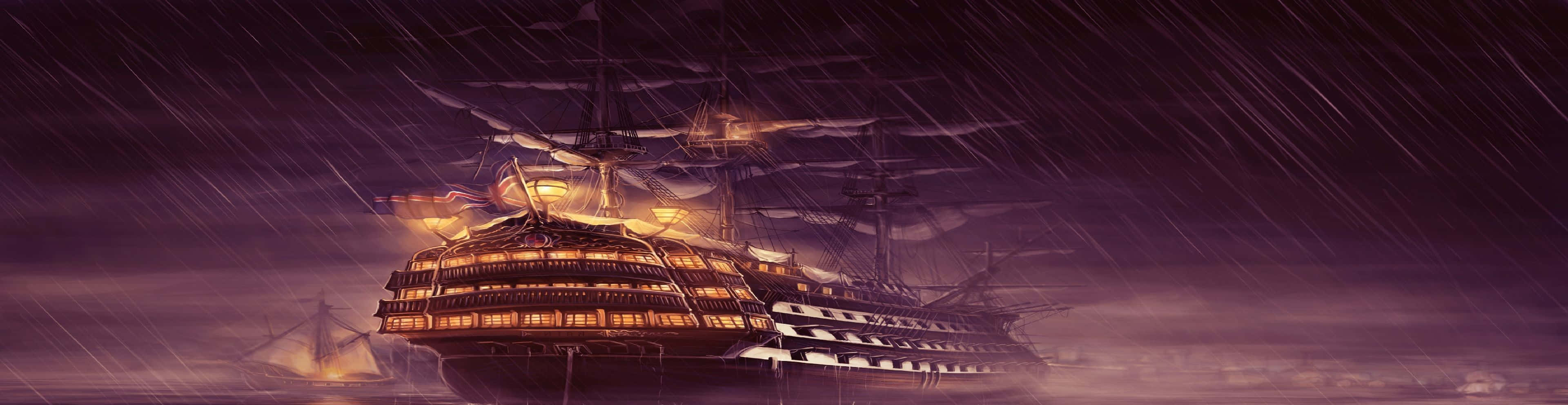 Et piratskip i regnet med et lys på Bakgrunner