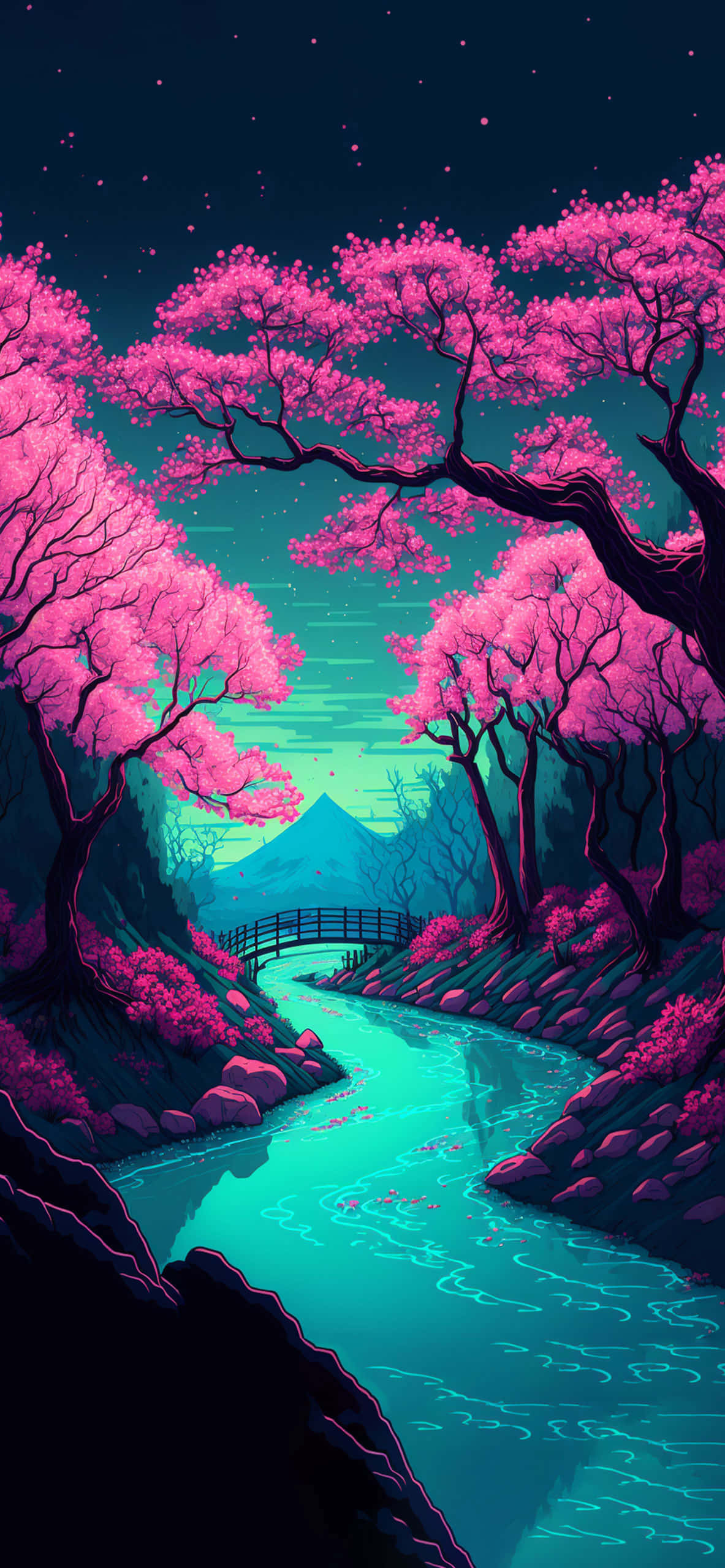 et rosa tre med en elv i bakgrunnen Bakgrunner