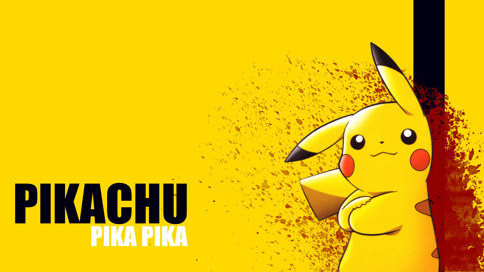 Bakgrunnsbilde av Pikachu med sprutet blod og slagordet Pika Pika.