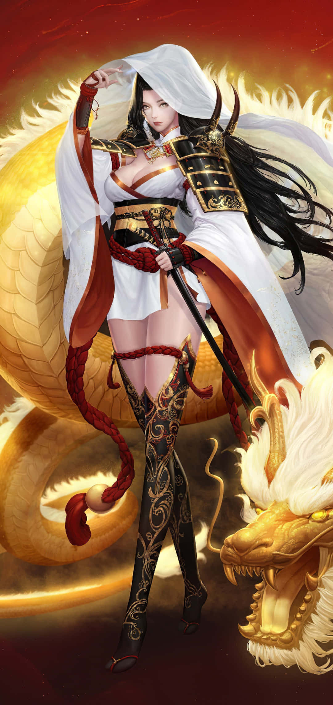 Fantasi Samurai Anime Jente Gull Drage Bakgrunner