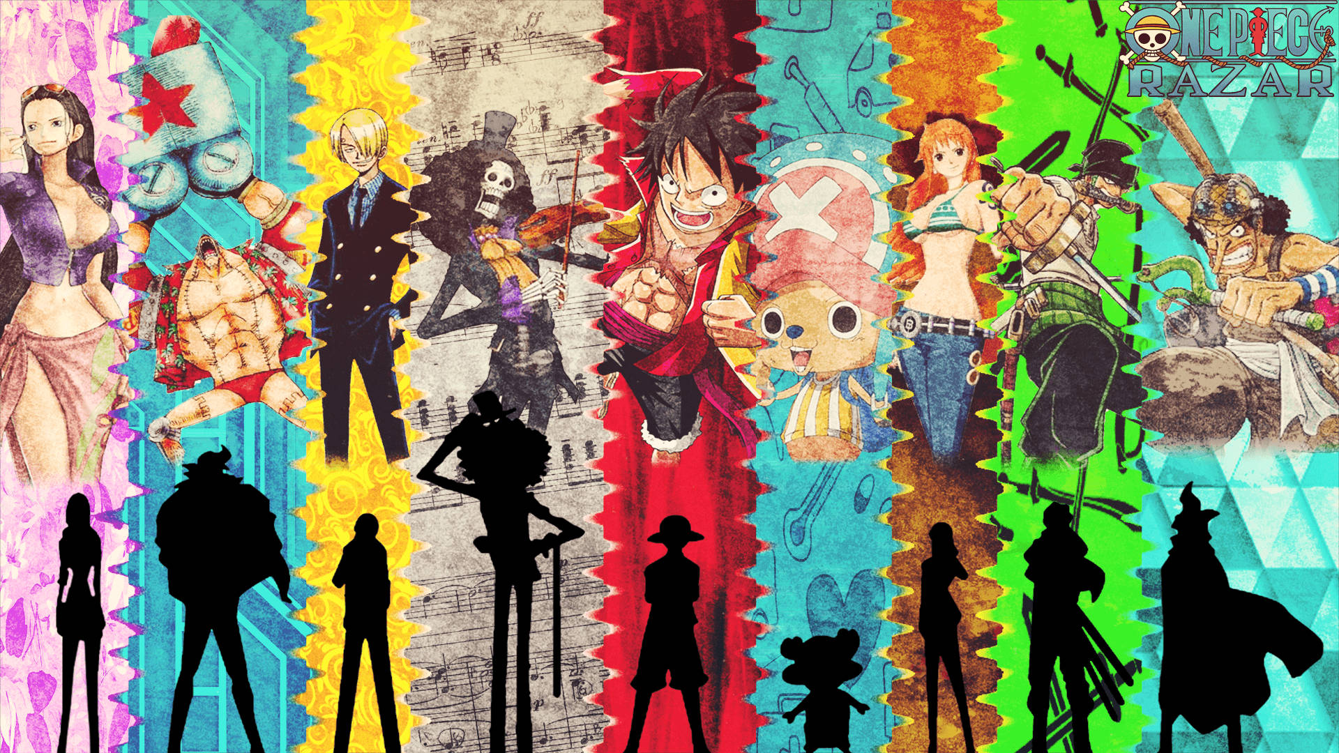 One Piece Straw Hat Pirate Crew fargerikt kunstverk bakgrunnsbilde.