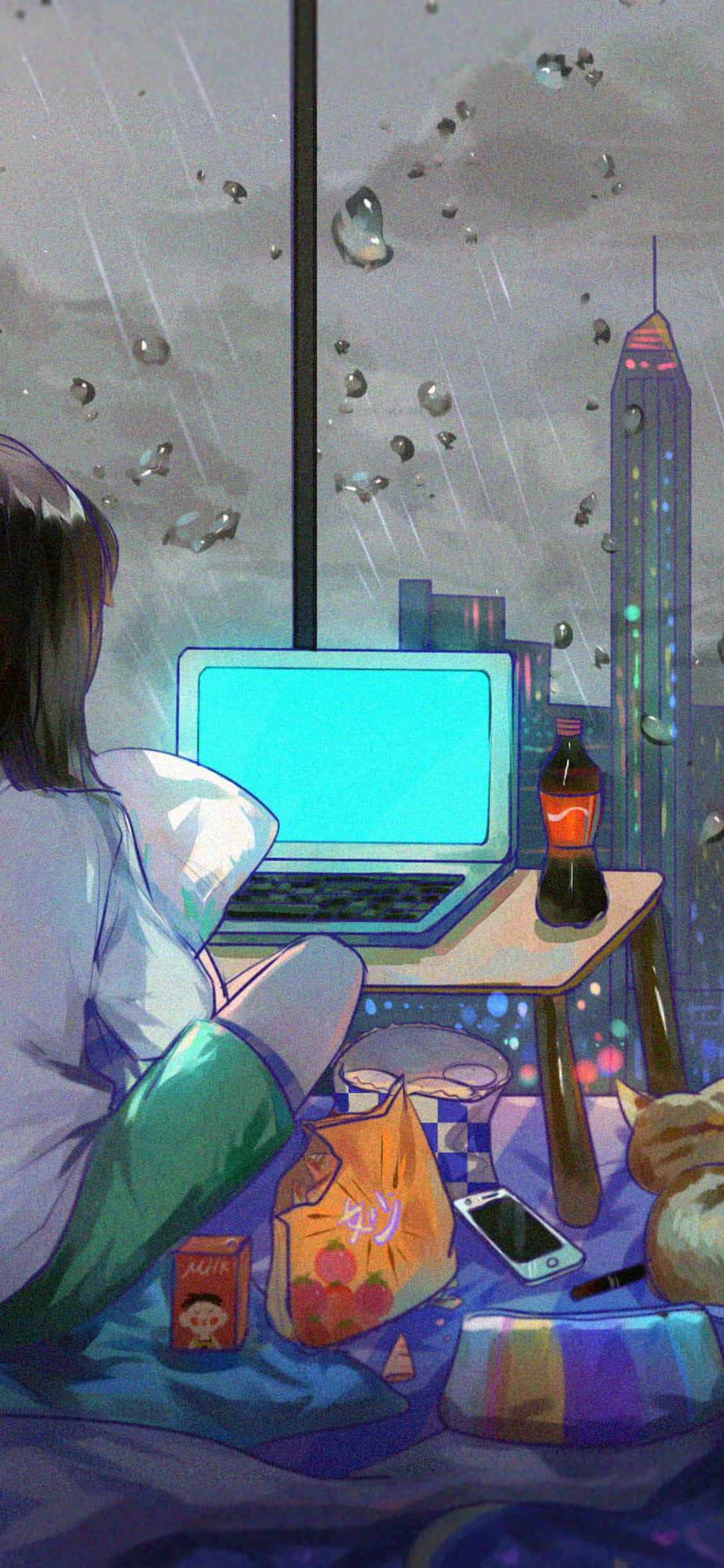 Fengslende anime-rom med panoramautsikt over byen Bakgrunner