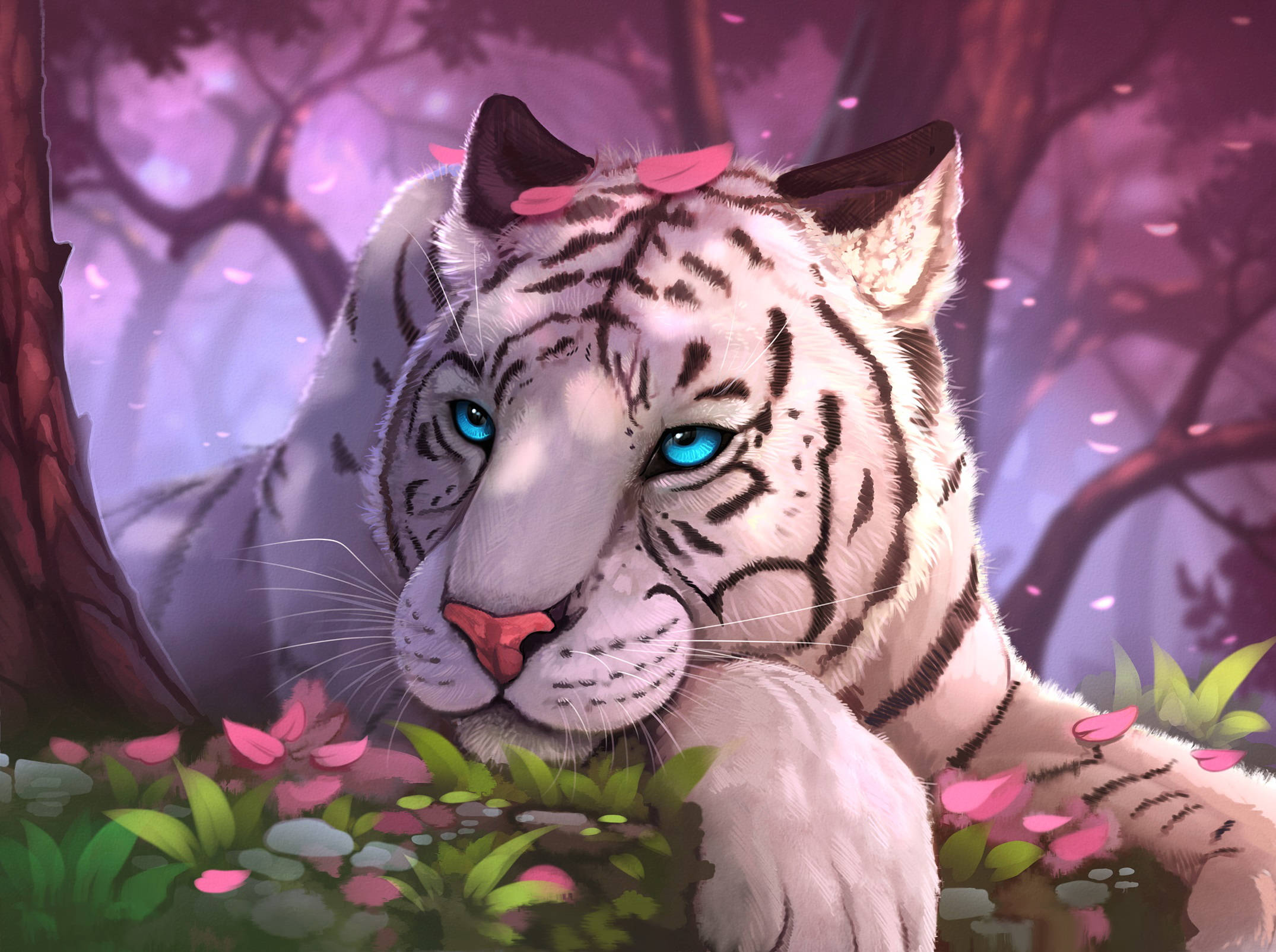 Fengslende hvit tiger med blomster Bakgrunner