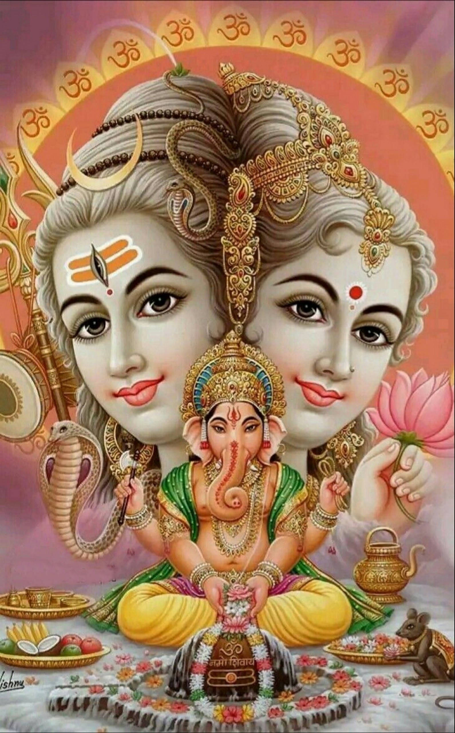 Festlig Shiva Parvati Sammensmeltet Hode Og Ganesha Bakgrunner