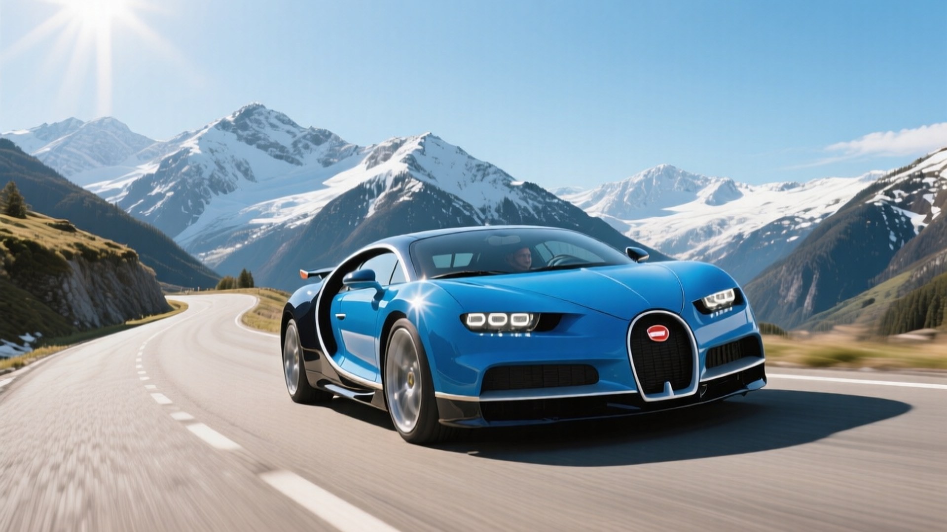 Blå Bugatti Chiron på svingete fjellvei — Kule biler GIF Bakgrunner