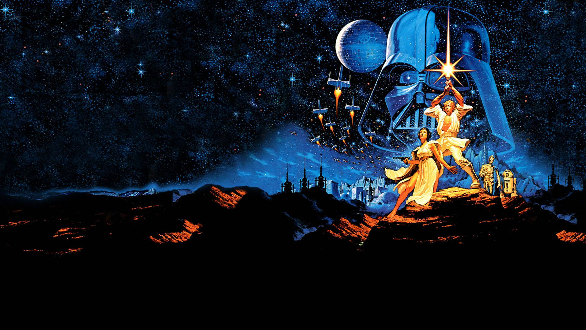 Star Wars-bakgrunnsbilde av prinsesse Leia og Han Solo som står på en annen planets overflate.