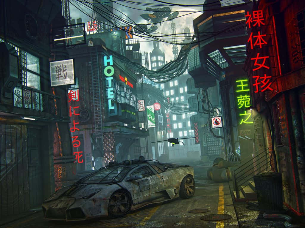 Forlatt bil i byen Tokyo anime Bakgrunner