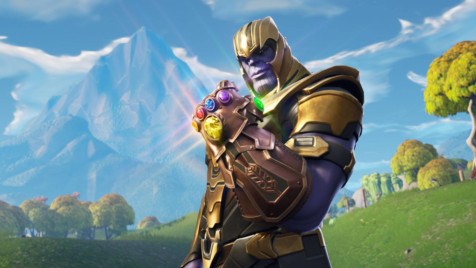 Thanus i Fortnite som holder uendelighetshansken HD-bakgrunnsbilde.