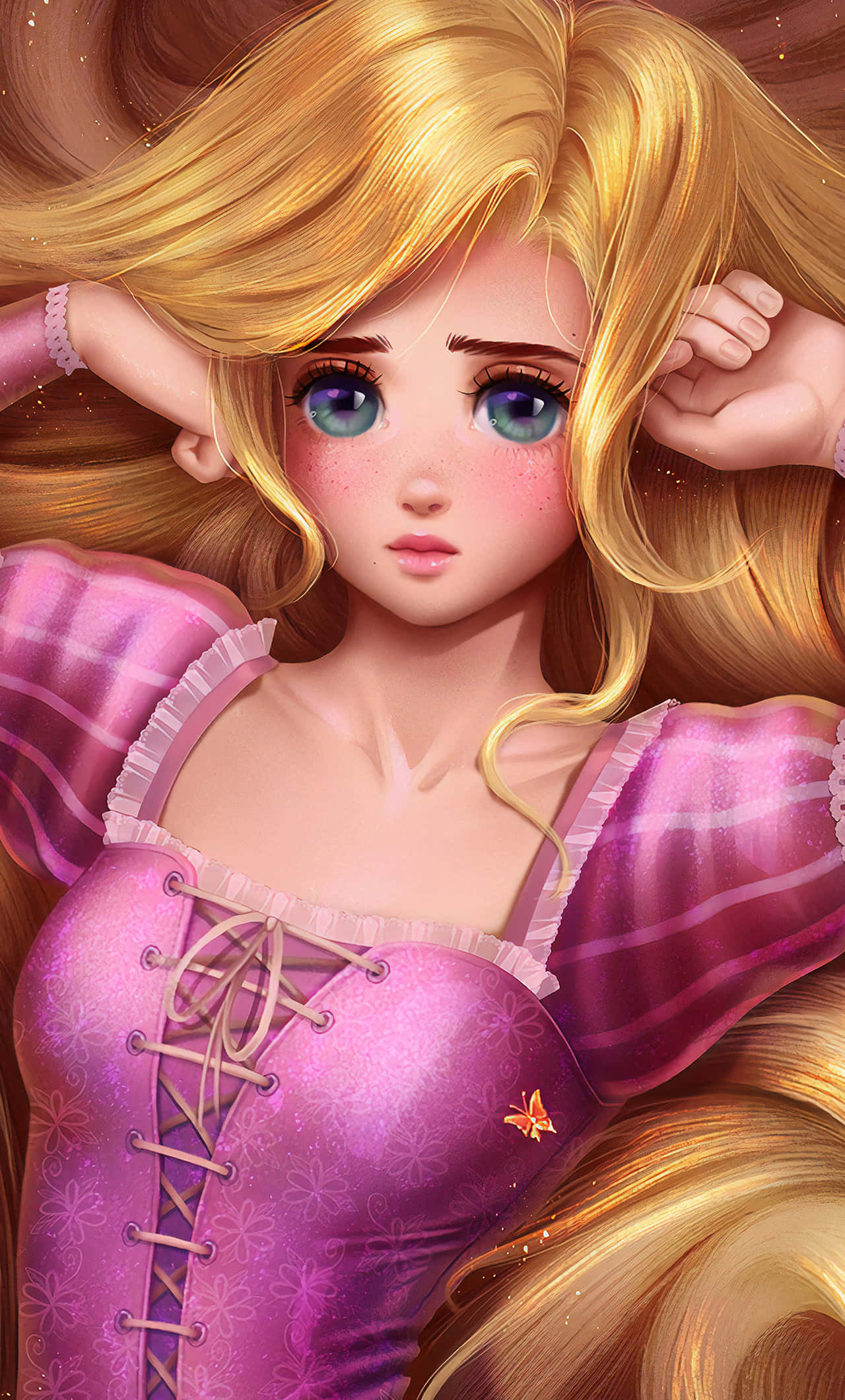 Fortryllende illustrasjon av Rapunzel som ser ut fra tårnvinduet sitt Bakgrunner