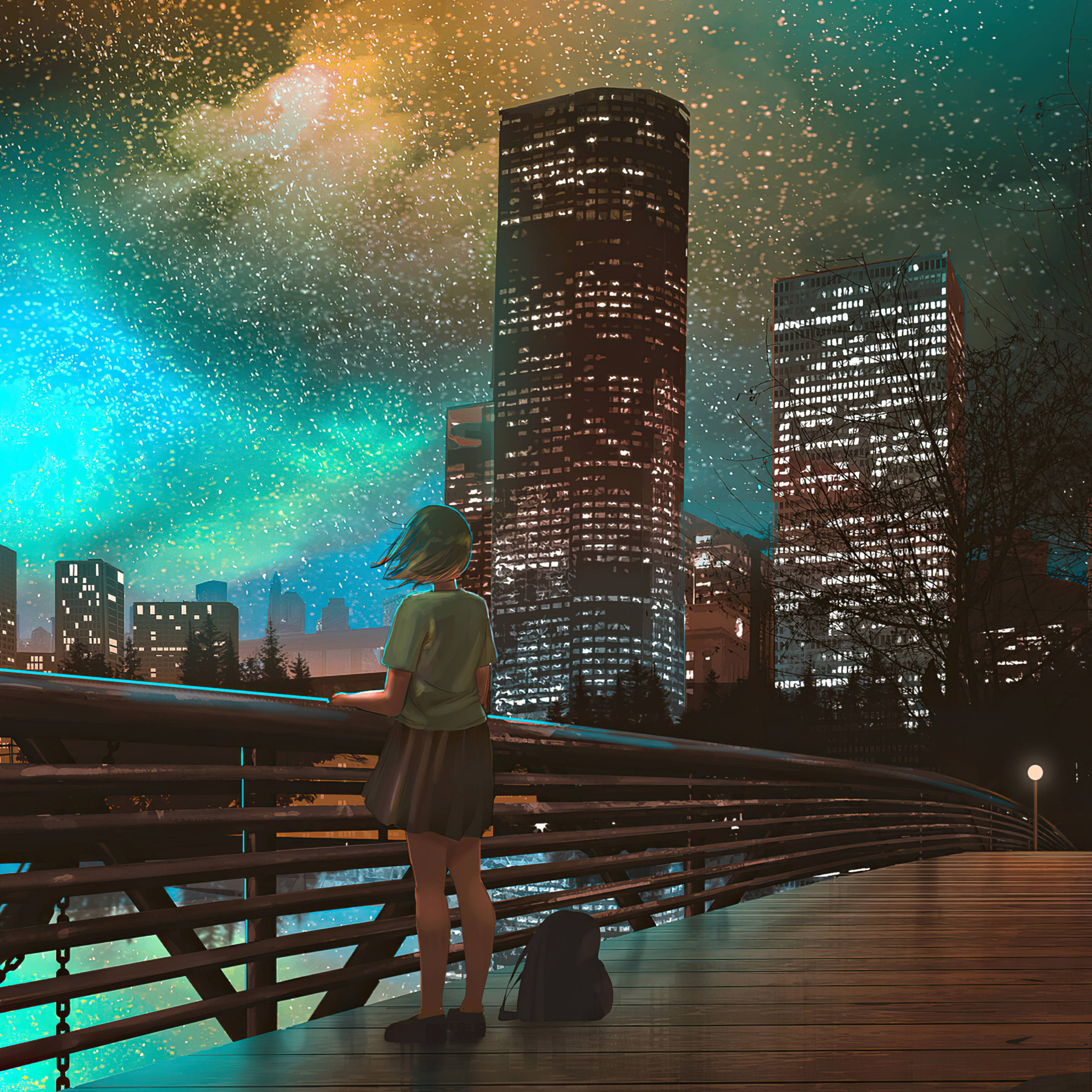 Fortryllende stjerneklar anime-natt over en travel by Bakgrunner