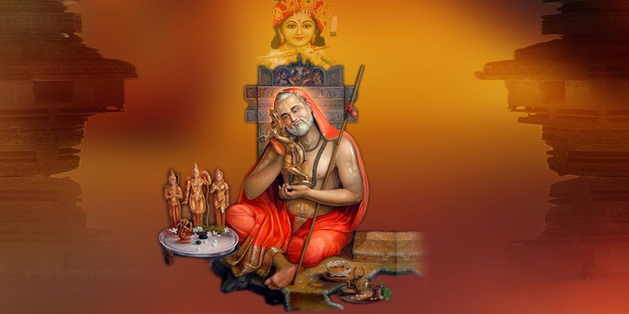 Fredfull guddommelig scene – Lord Raghavendra omgitt av hellige indiske statuer Bakgrunner