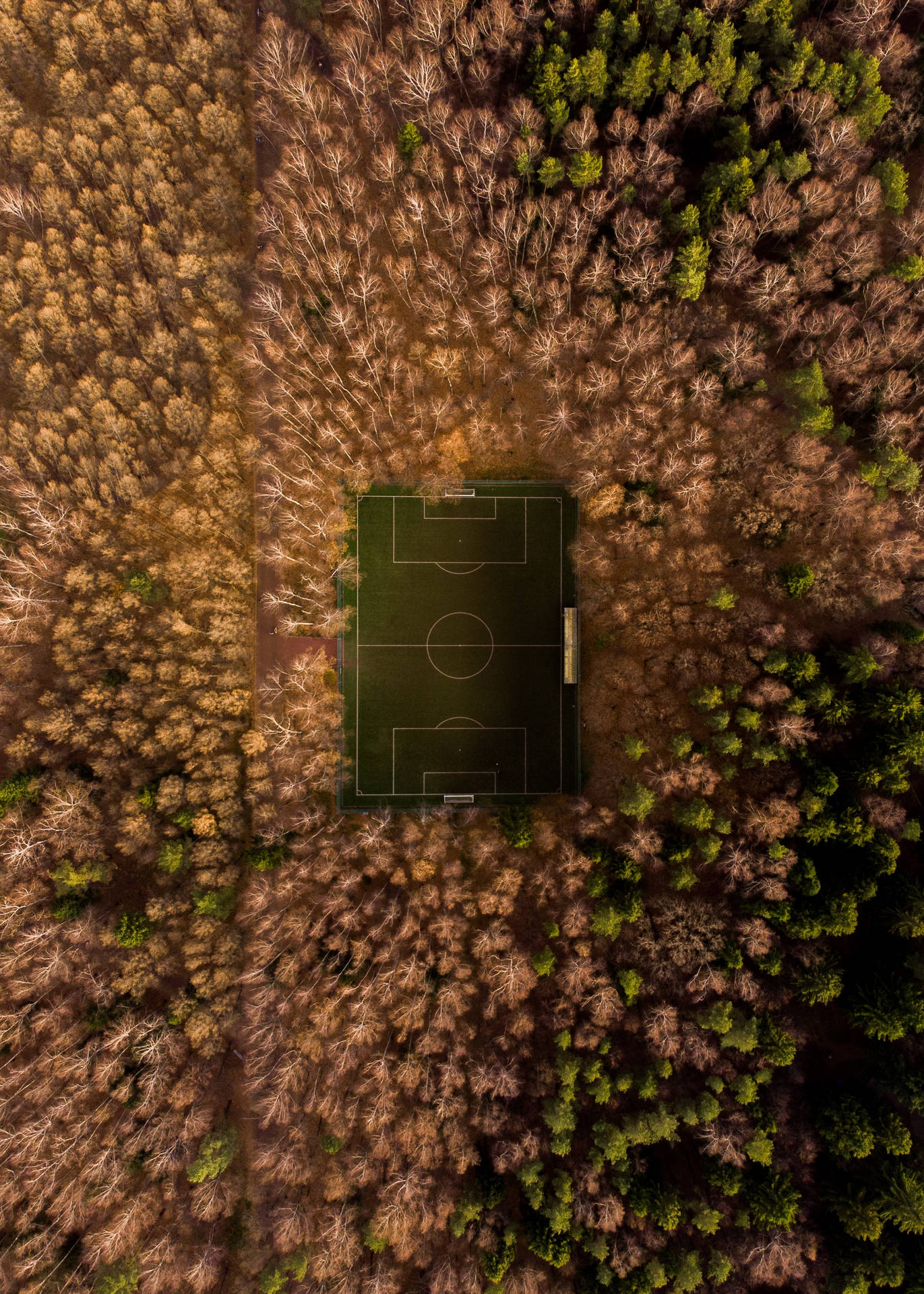 Fotballbane omgitt av trær sett ovenfra bakgrunn.