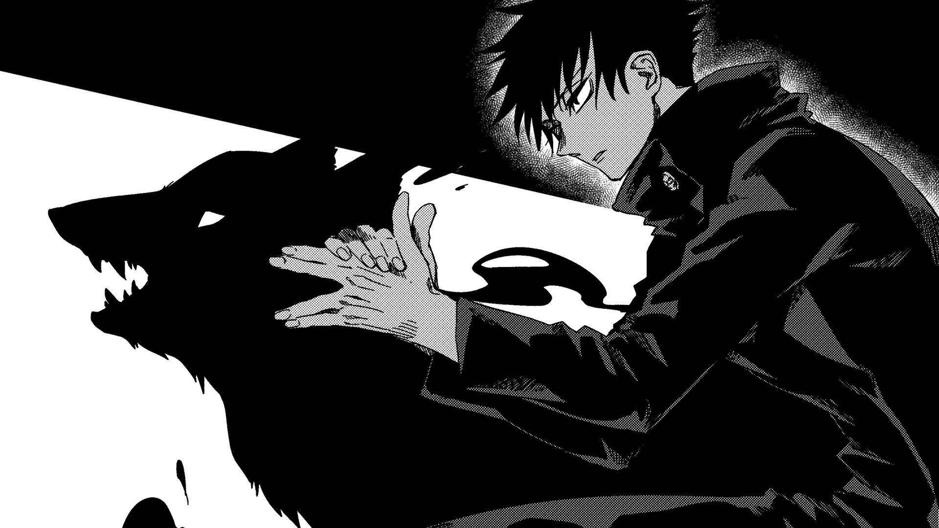 Jujutsu Kaisen-bakgrunnsbilde av Fushiguro som bruker sin forbannede teknikk guddommelig hund.