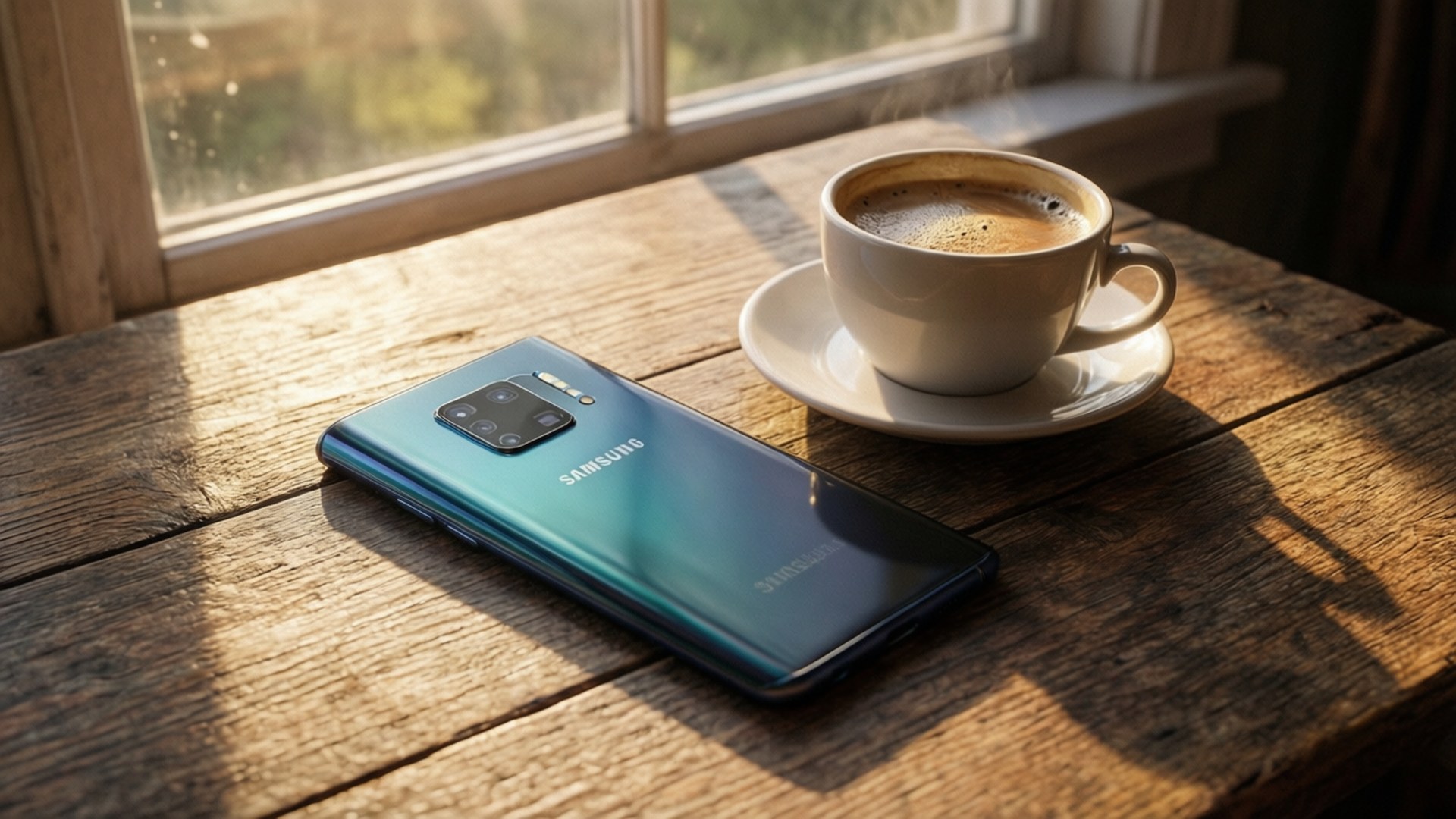 Koselig livsstilsbakgrunn som viser en Galaxy S10 på et trebord med kaffe.