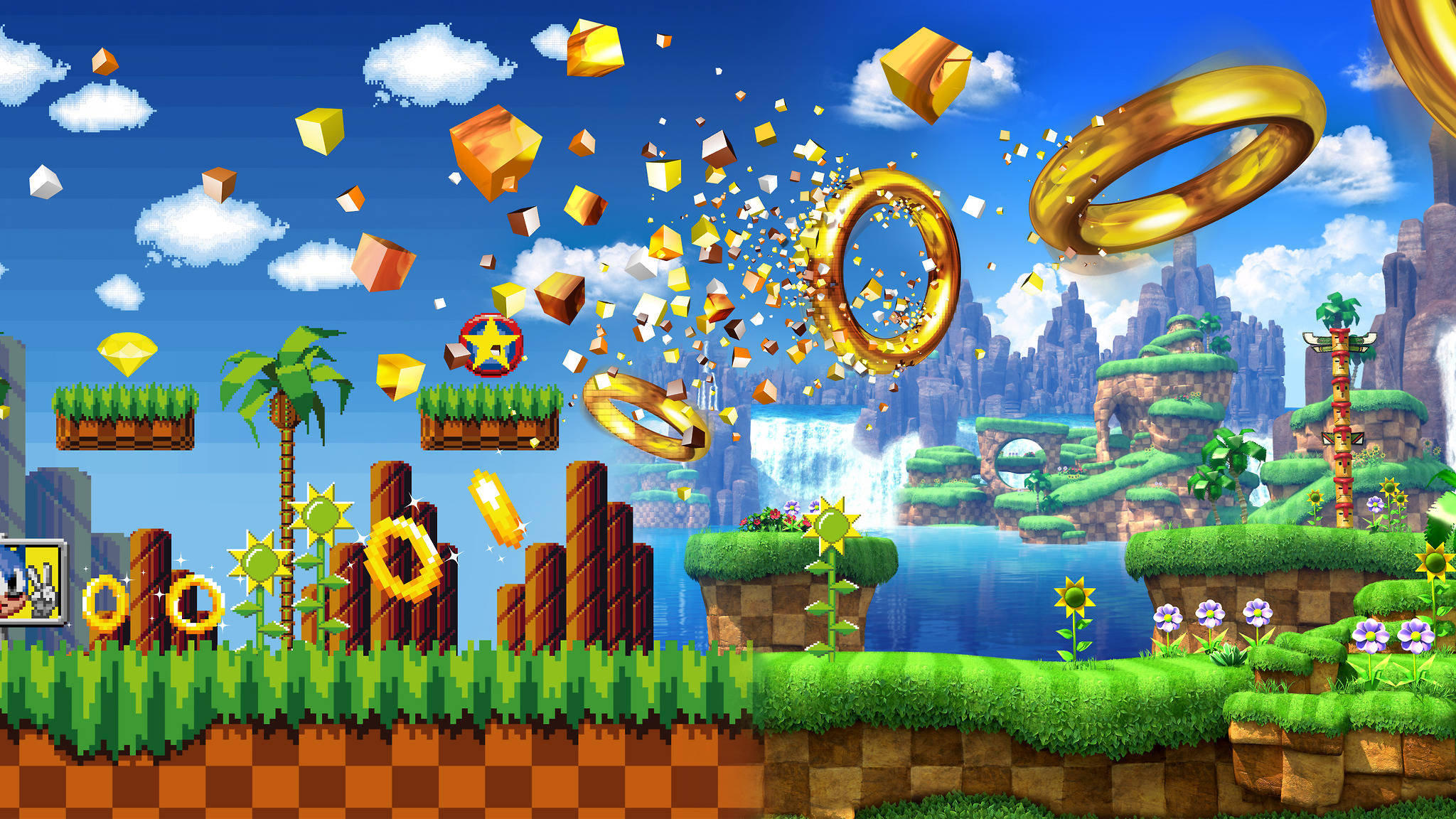 Gammel og moderne Green Hill Zone Bakgrunner