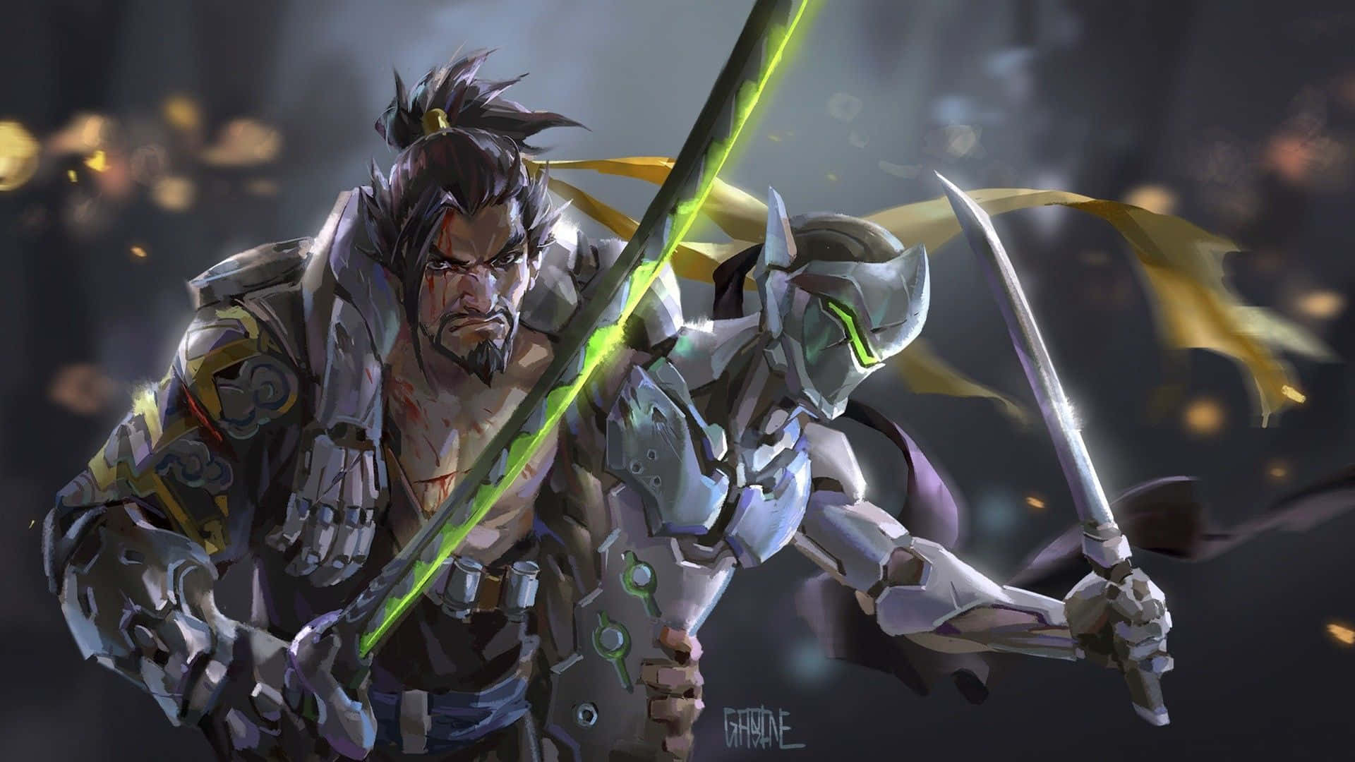 Genji og Hanzo figurer 1920x1080 Overwatch Bakgrunn Bakgrunner