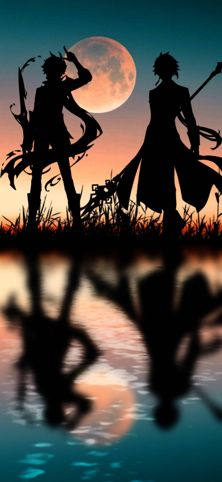 Genshin Impact Solnedgang Silhuett Bakgrunner