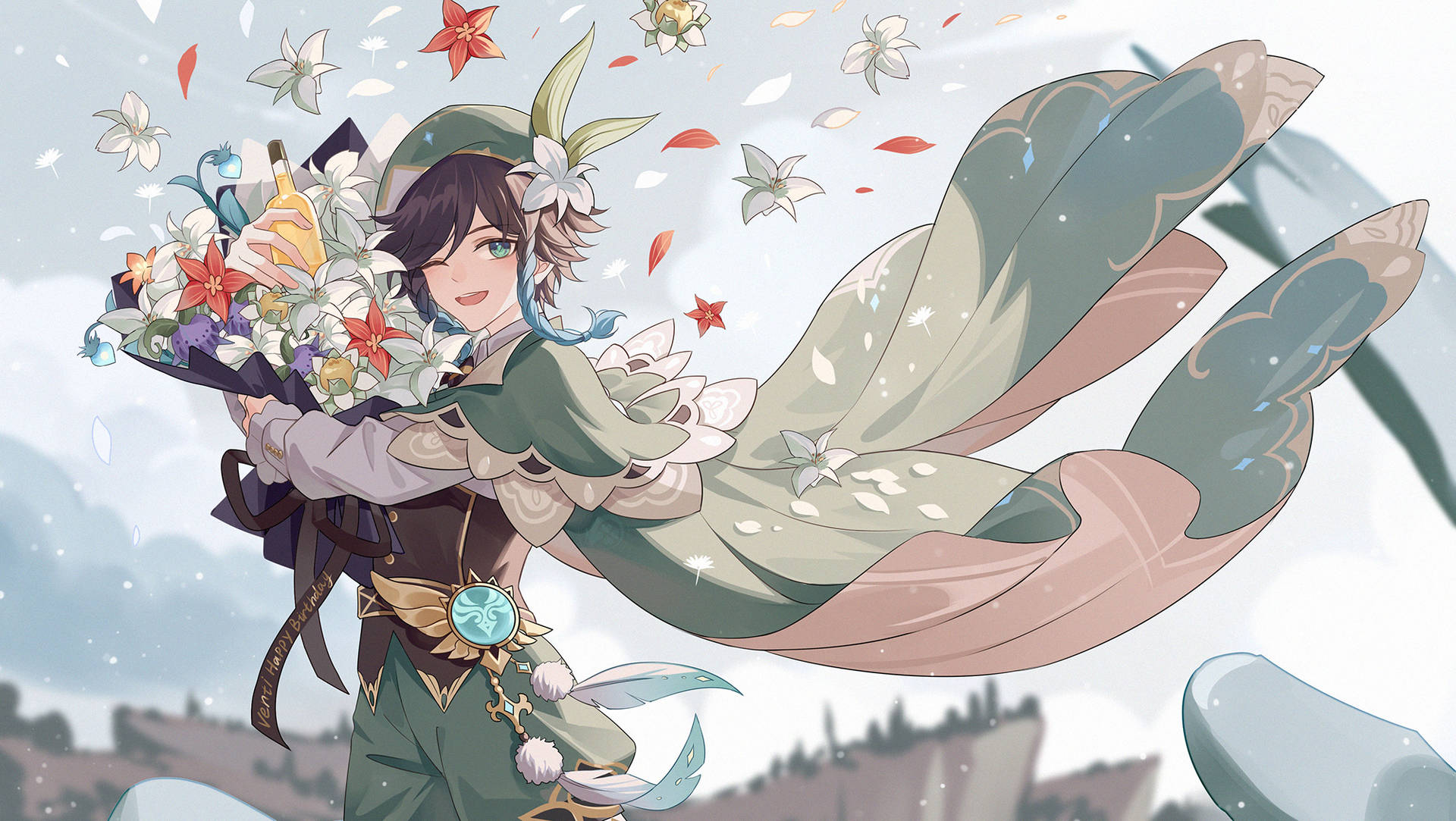 Genshin Venti med blomster