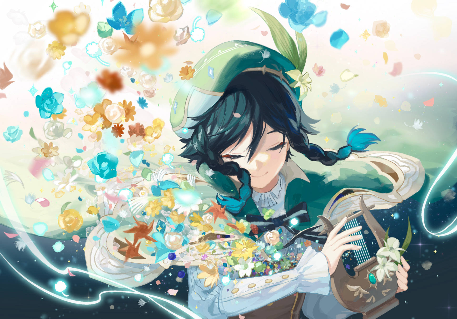 Genshin Venti med fargerike blomster