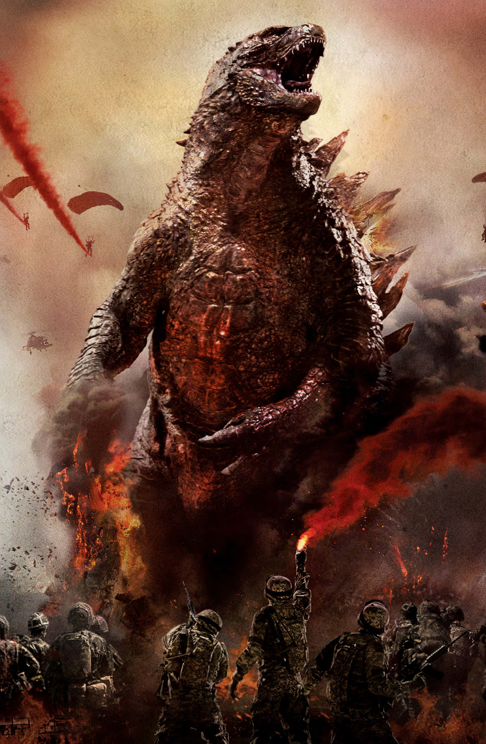 Godzilla kjemper mot soldater bilde Bakgrunner