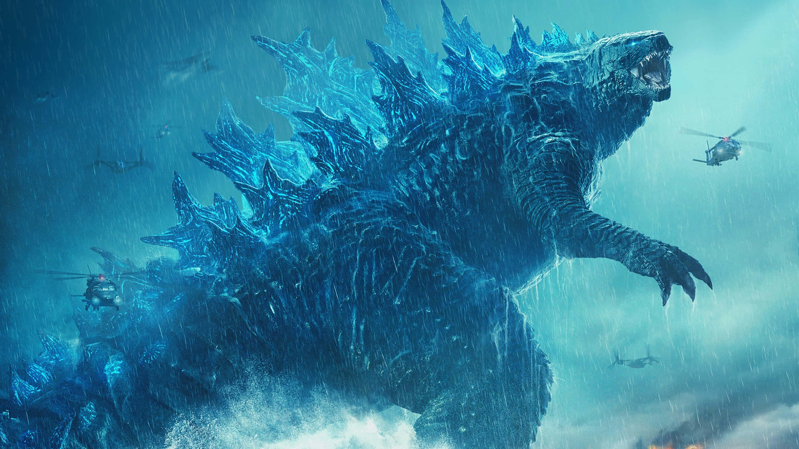 Godzilla med blå neonlys og helikoptre Bakgrunner