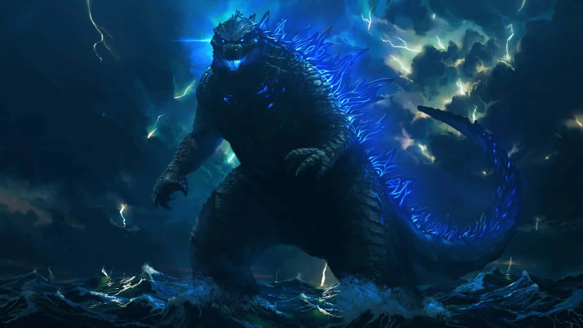 Godzilla med neonblått lys over havet Bakgrunner