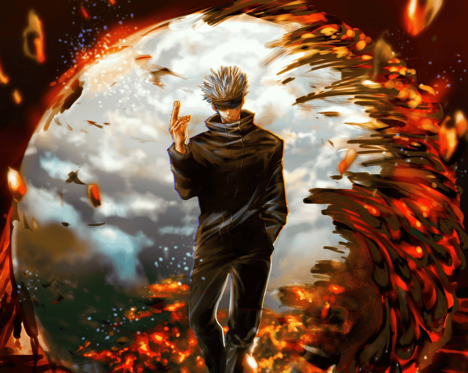 Saturo Gojo med lava i Jujutsu Kaisen-animebakgrunn