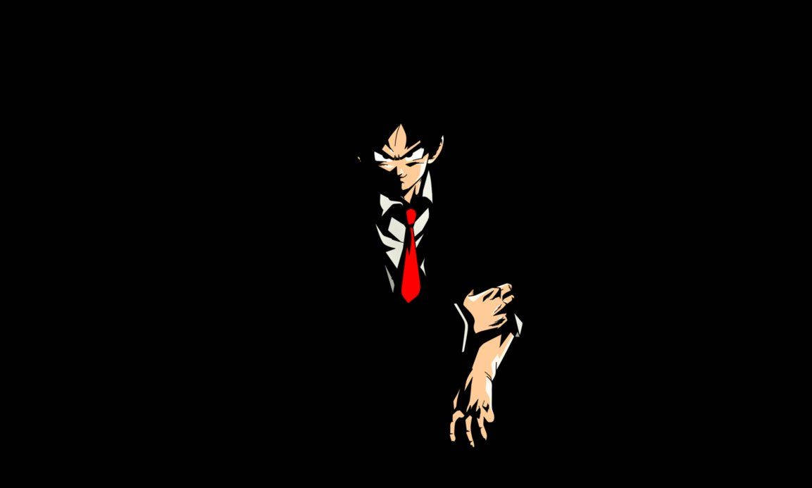 Goku-bakgrunnsbilde i svart smoking og svart bakgrunn.