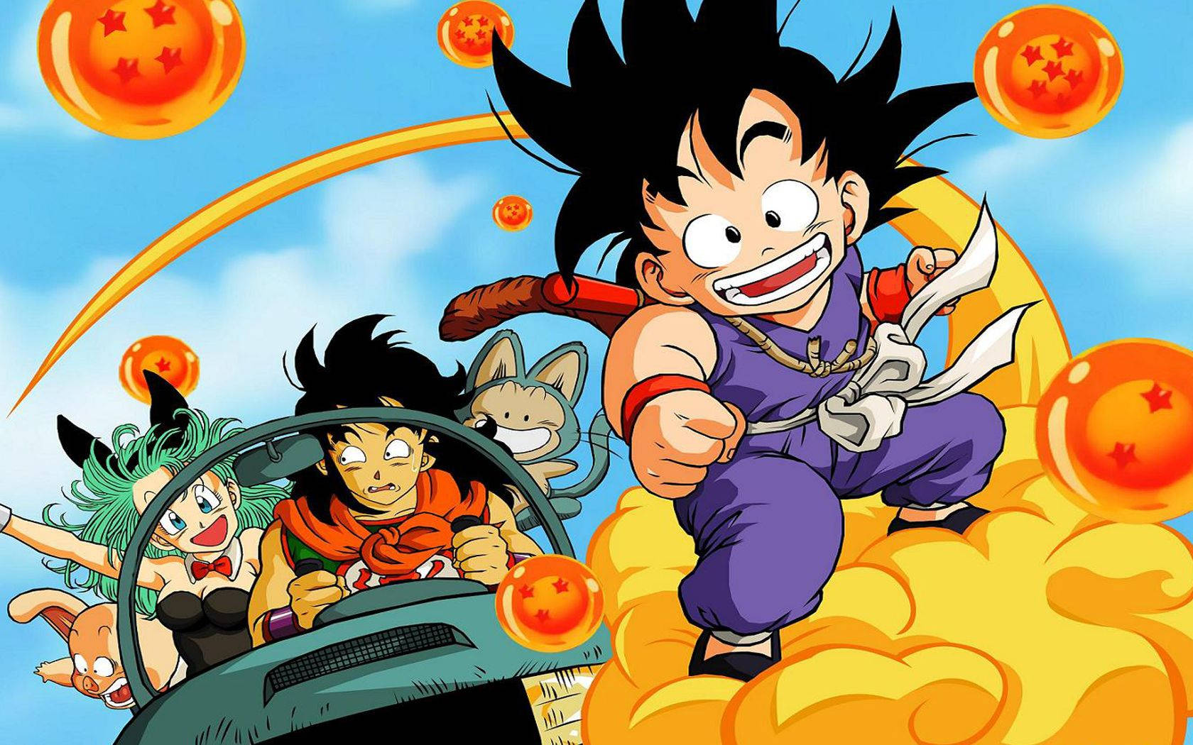 Dragon Ball Z Gohan med Maron og mannen sin som kjører bil mens lille Gohan rir på en flygende sky.