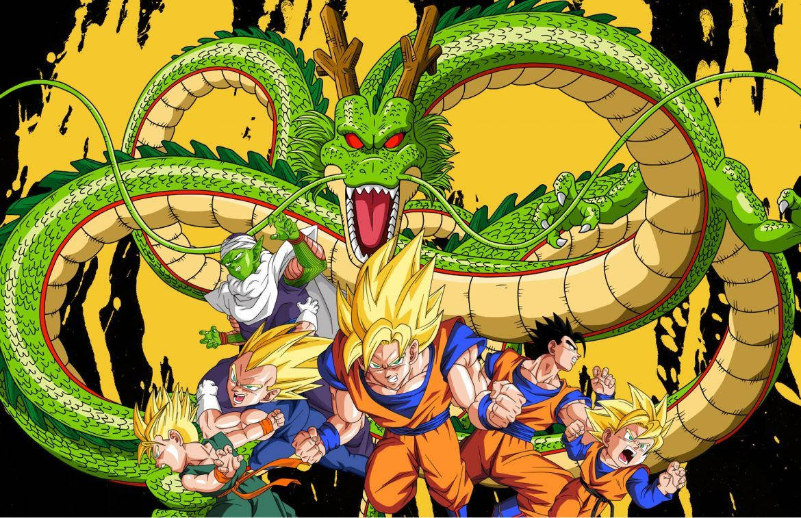 Dragon Ball Z San Goku og andre karakterer i super saiyan-modus med Shenron den grønne dragen.