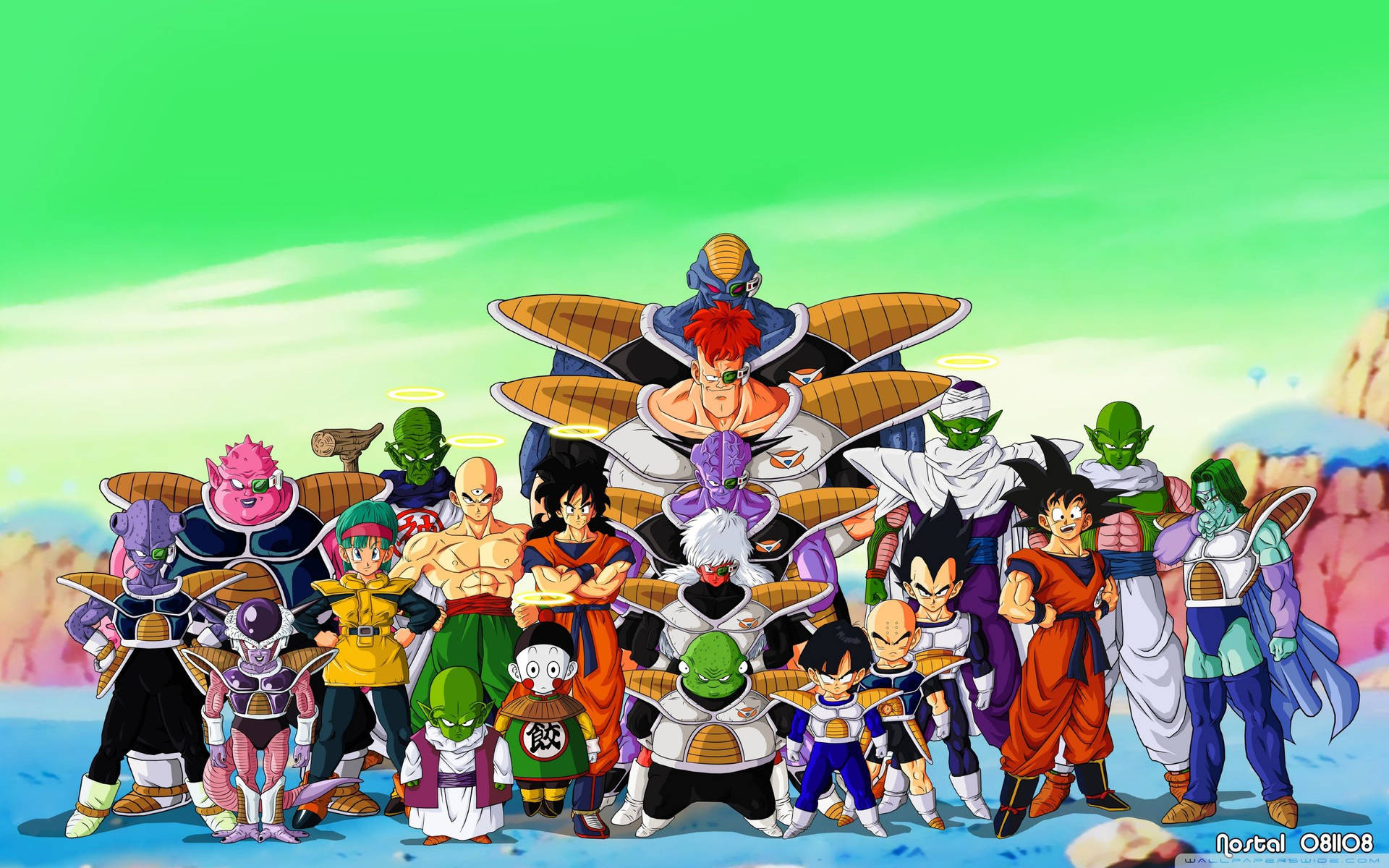 Dragon Ball Z-karakterer på planeten Namek med San Goku, Piccolo og andre androider.