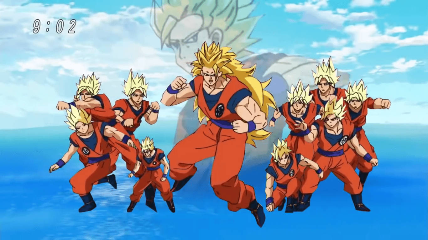 Dragon Ball Z San Goku super broly, flere super saiyaner i ett, anime-karakter med spisst gult hår.