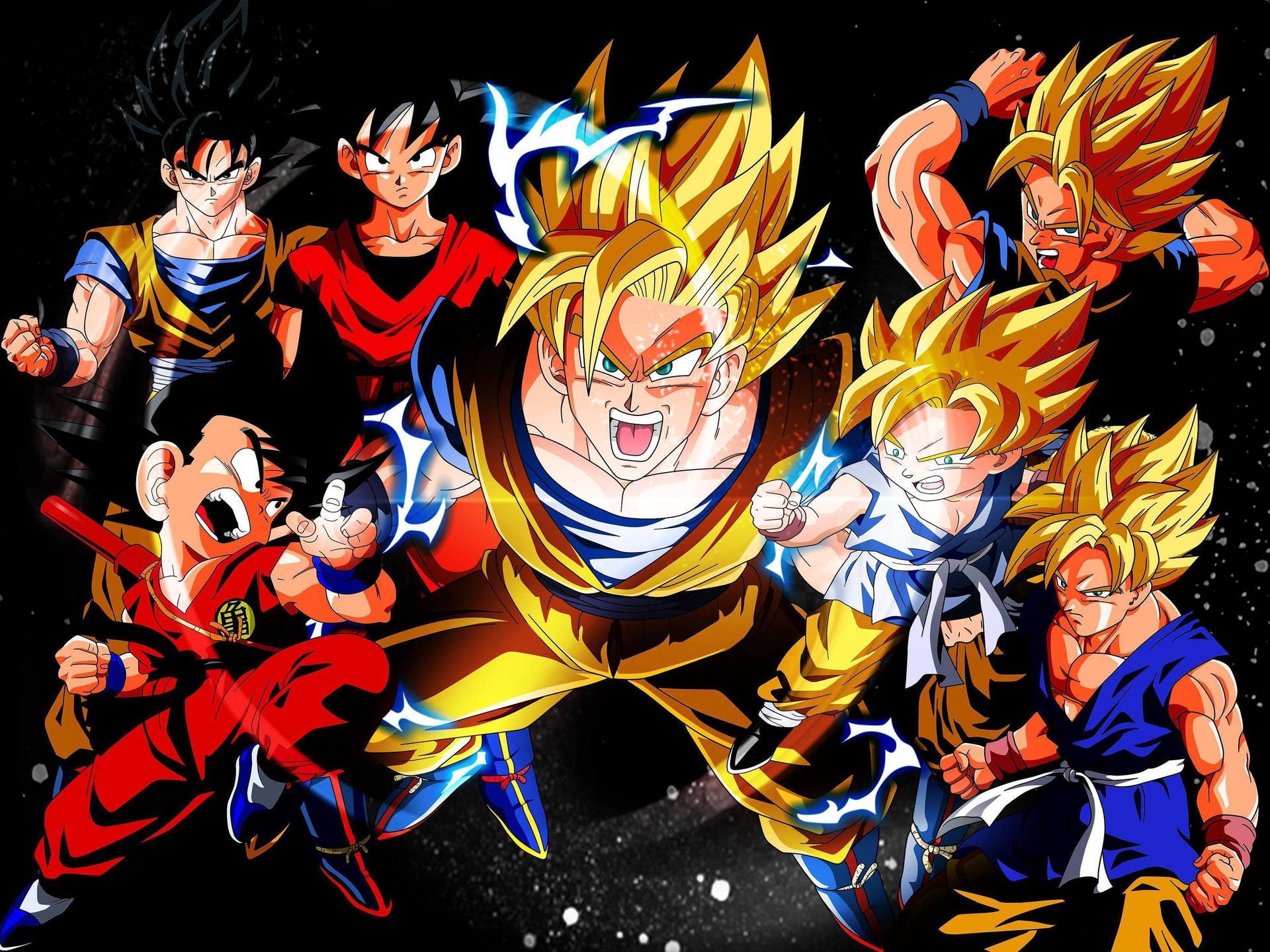 Bakgrunnsbilde med ulike Super Saiyan-stadier av Goku.